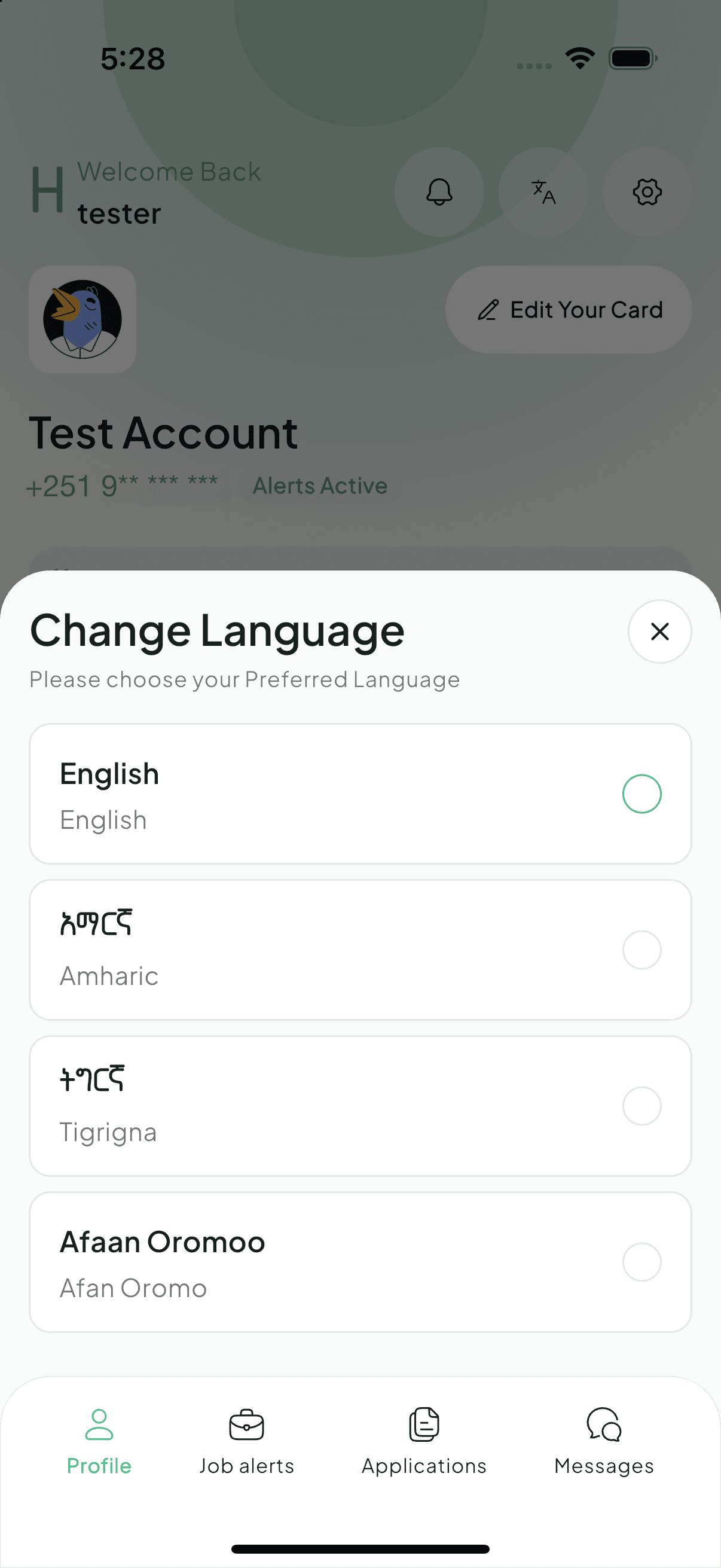English, አማርኛ, ትግርኛ and Afaan Oromoo